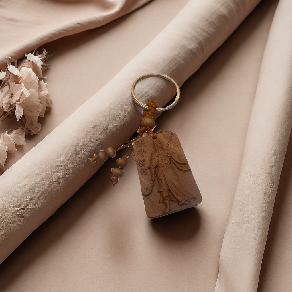 Wooden carved Guandi statue keychain, a traditional handcrafted jewelry gift details Picture