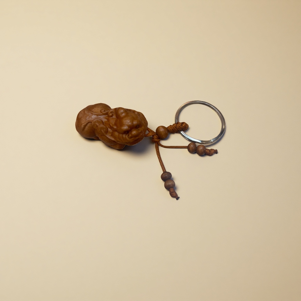 Wooden carved PI Xiu keychain decorative item, a lucky charm for attracting wealth and good fortune Application Scenario