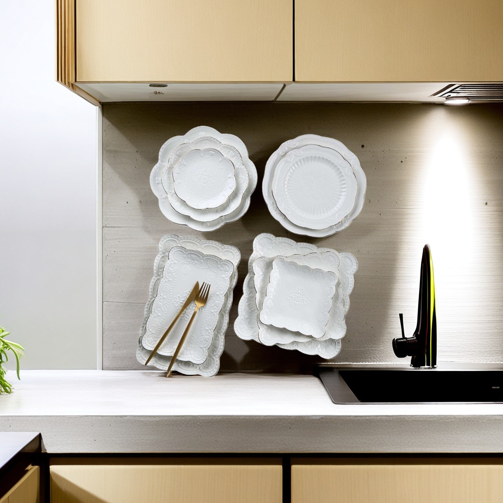 White carved tableware, plate, knife and fork set for home exquisite plating details Picture