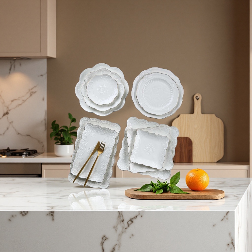 White carved tableware, plate, knife and fork set for home exquisite plating Application Scenario