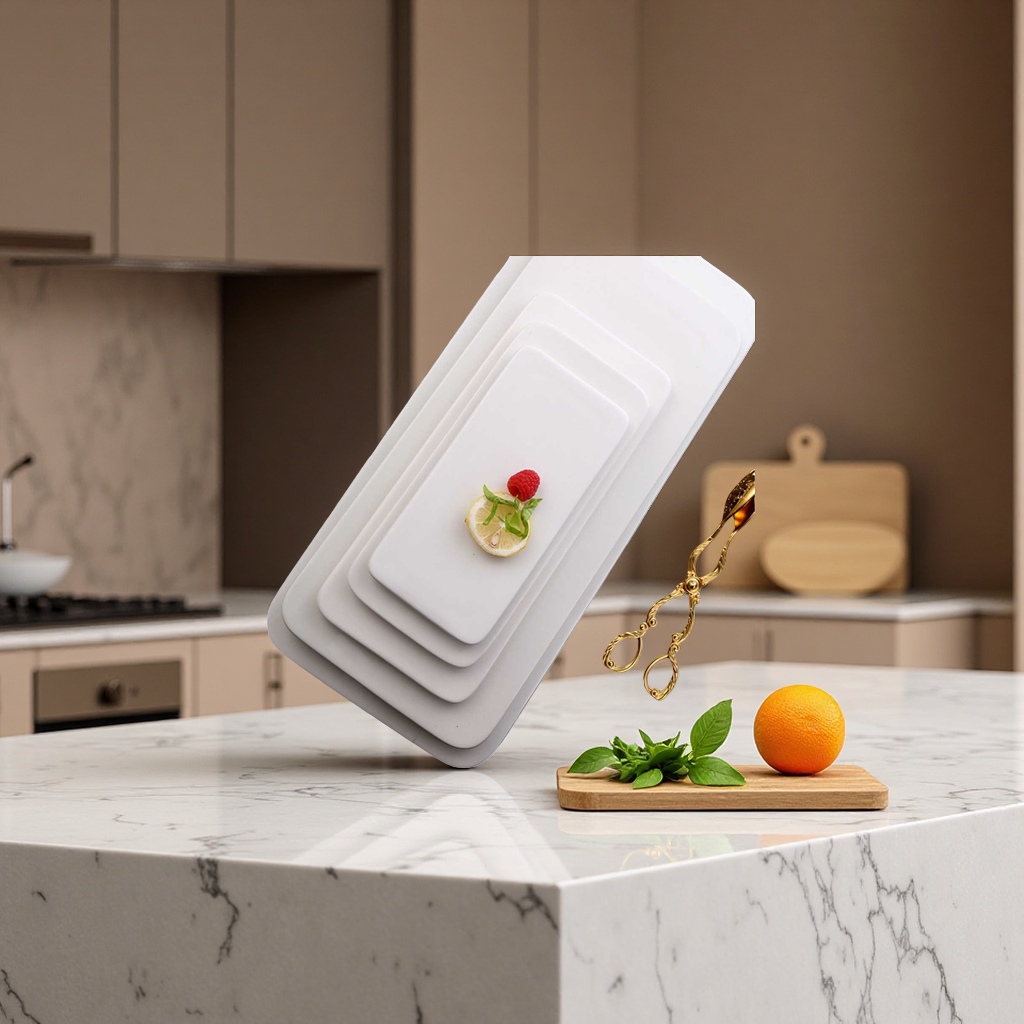 A simple set of white rectangular plates, home ceramic dinner plates and tableware Application Scenario