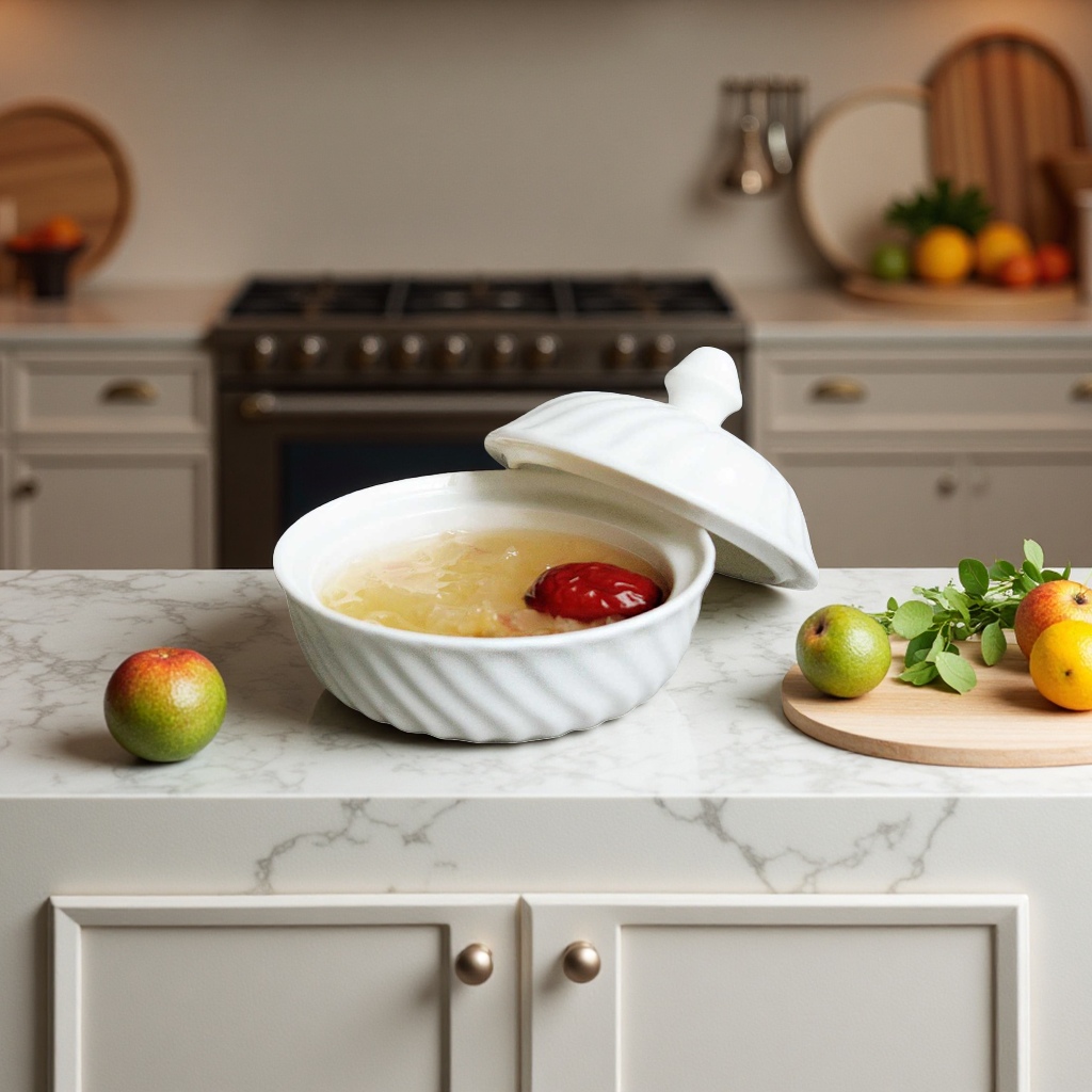 White ceramic bowl with lid, ceramic bowl, household rice bowl, kitchenware Application Scenario