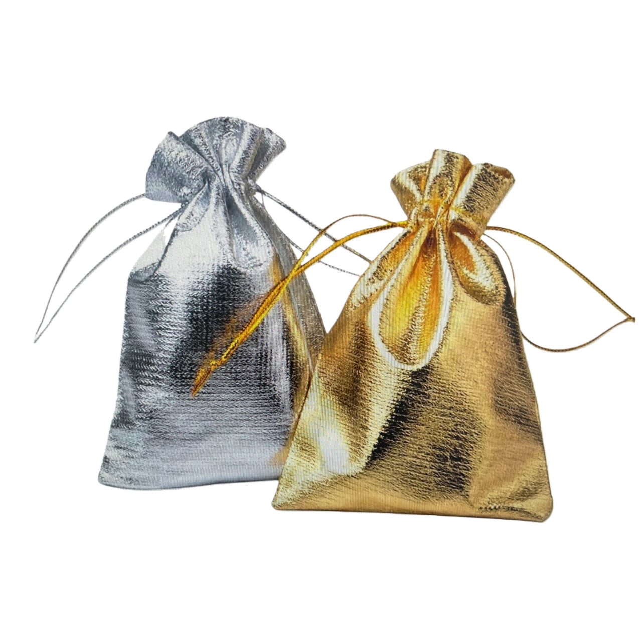 Metallic luster silver and gold drawstring cloth bags Item Picture