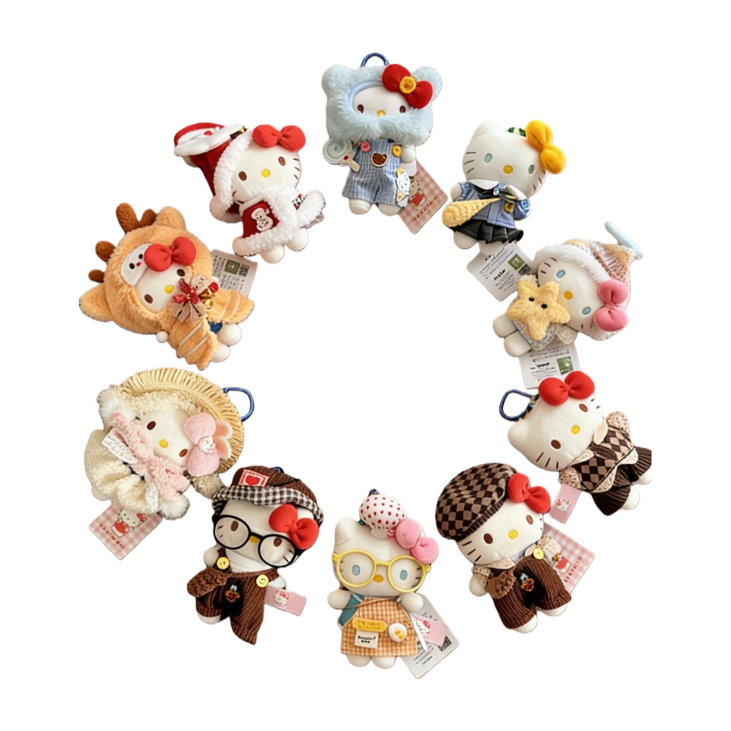 Hello Kitty毛绒玩具，包括圣诞老人、麋鹿、兰德制服、许愿星、冬日小兔、大厨、酷酷背带裤和正装Kt等不同造型的玩偶。白底实物图