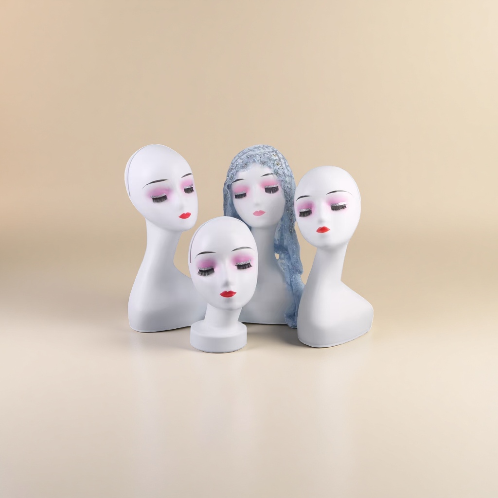 White human-shaped mannequin head, pink blush, red lips, blue lace veil Specification image