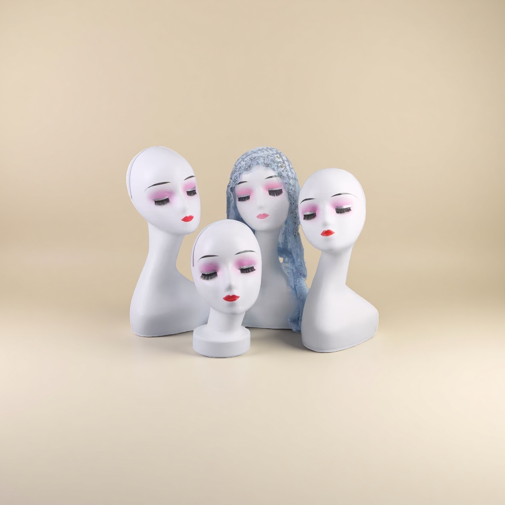 White human-shaped mannequin head, pink blush, red lips, blue lace veil Application Scenario