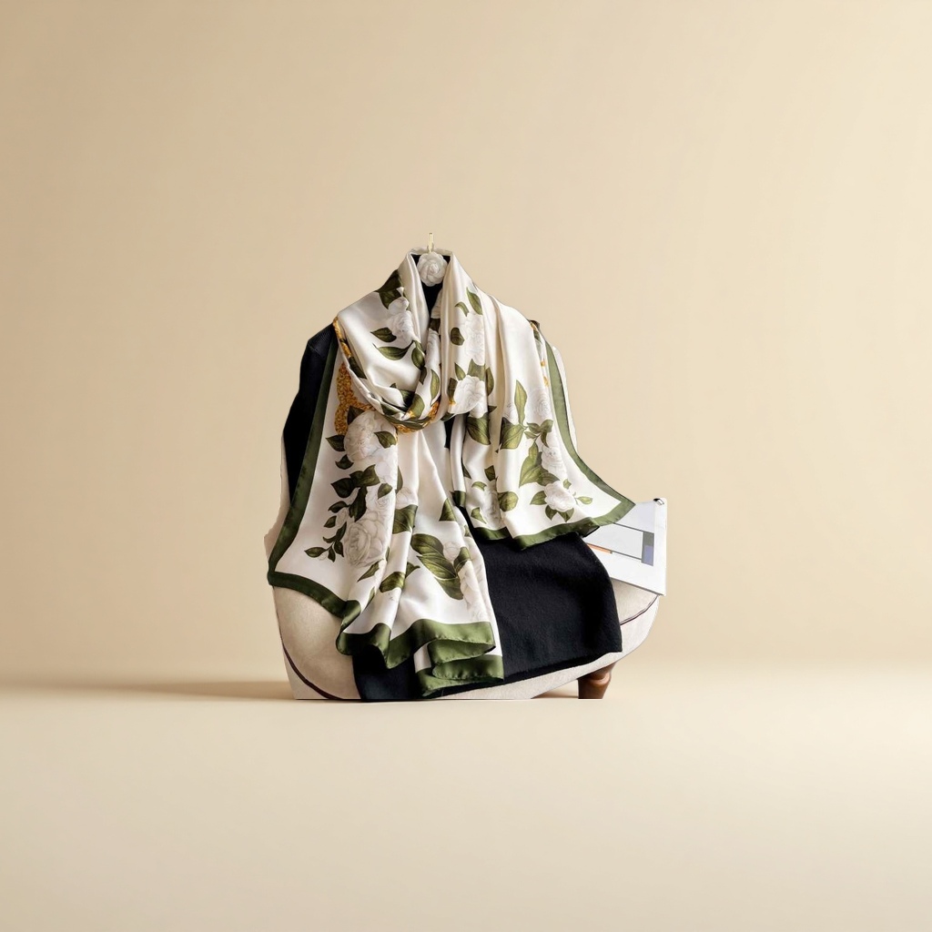 Floral pattern silk scarf for ladies, elegant printed rectangular shape, breathable for spring and summer Specification image