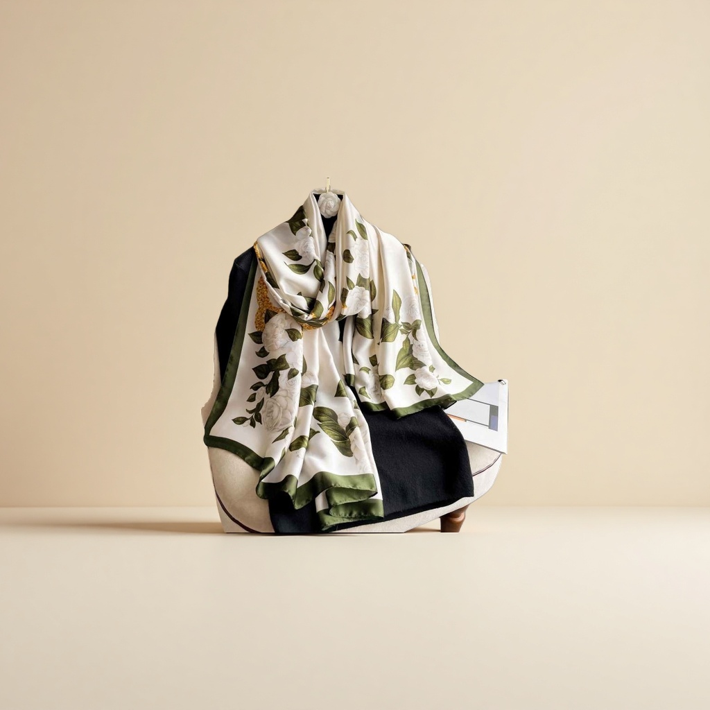 Floral pattern silk scarf for ladies, elegant printed rectangular shape, breathable for spring and summer details Picture