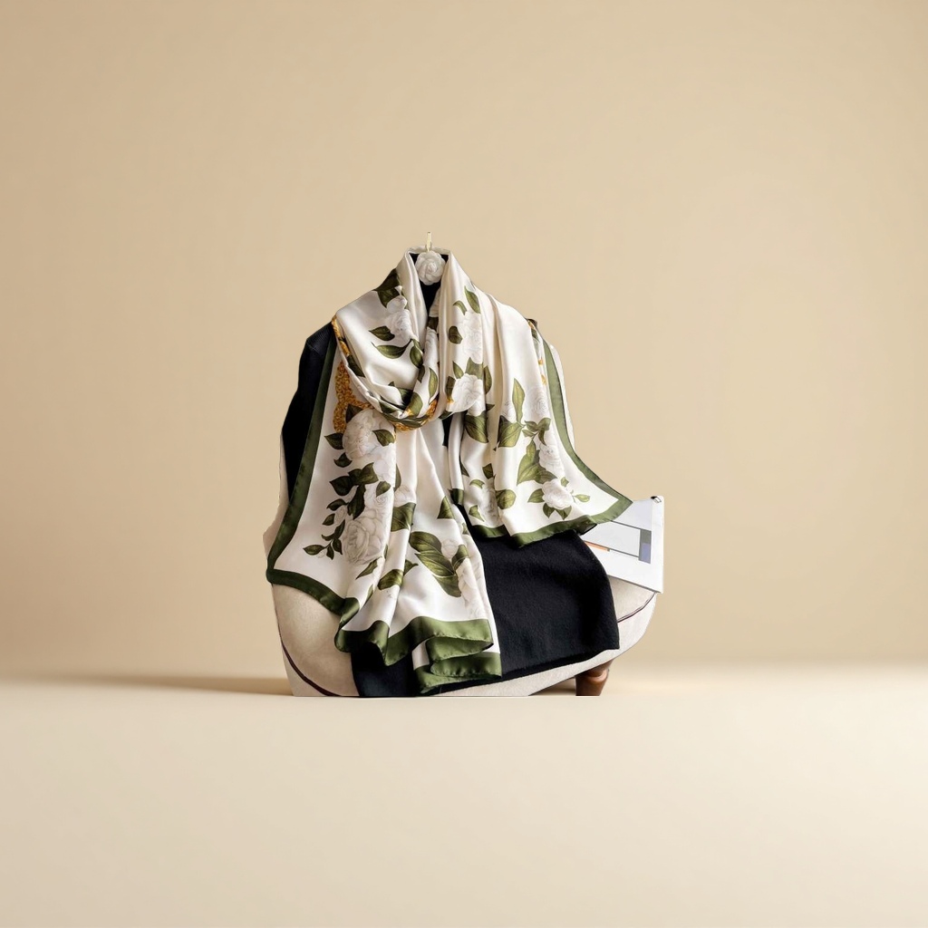 Floral pattern silk scarf for ladies, elegant printed rectangular shape, breathable for spring and summer Application Scenario