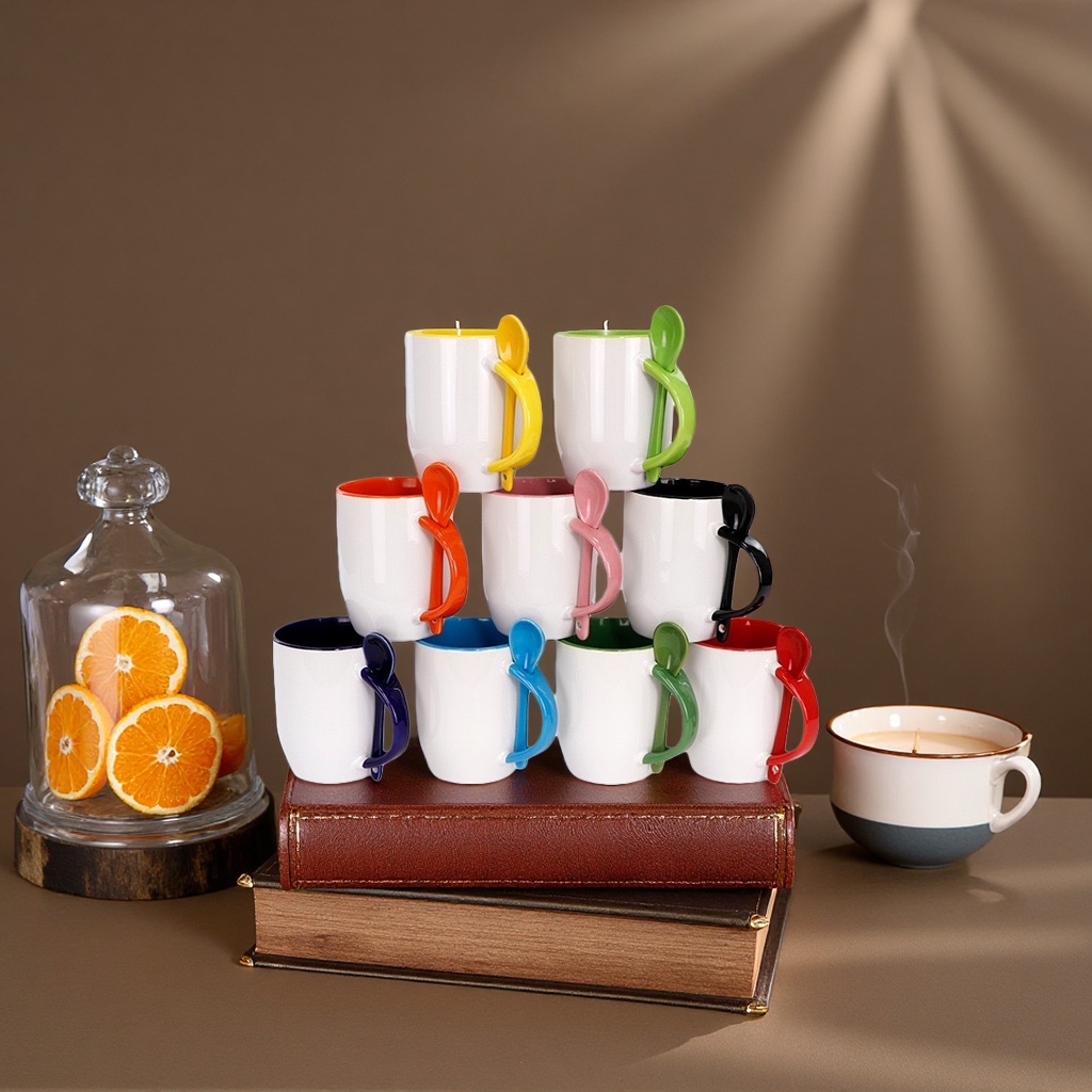 Heat transfer printing process color handle ceramic cup, household insulated cup, simple and fashionable cup with spoon details Picture