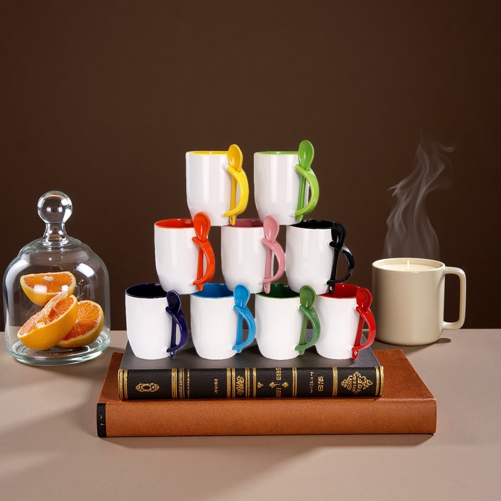 Heat transfer printing process color handle ceramic cup, household insulated cup, simple and fashionable cup with spoon