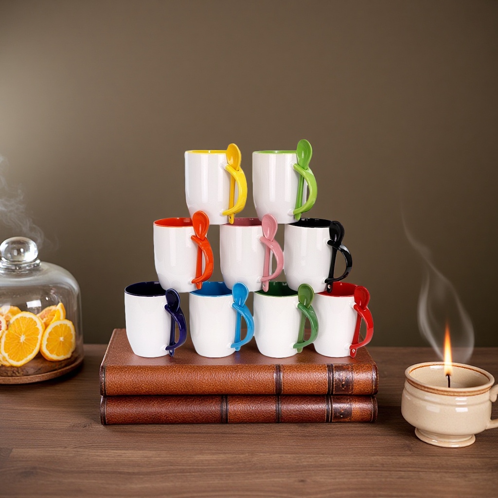 Heat transfer printing process color handle ceramic cup, household insulated cup, simple and fashionable cup with spoon Specification image