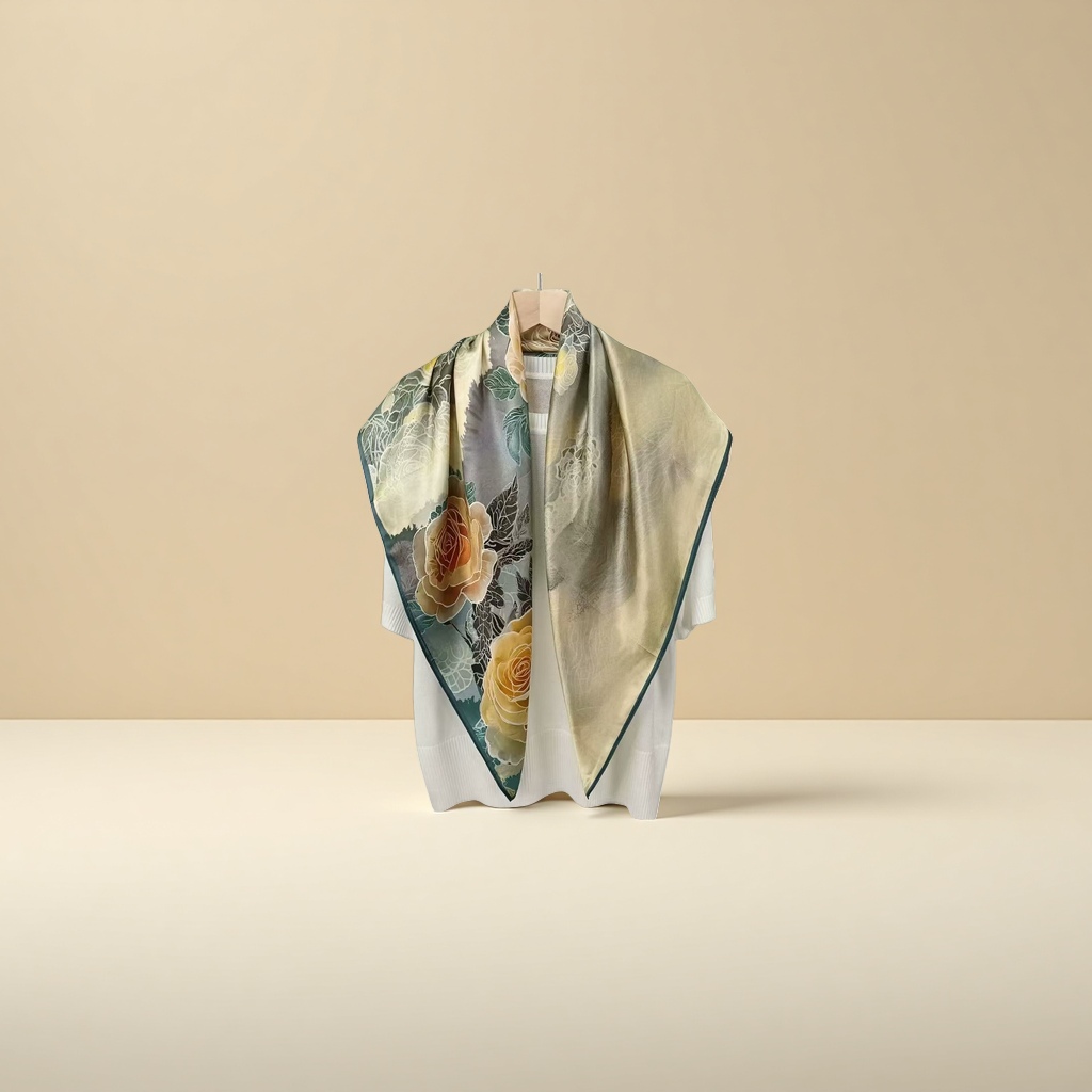 Floral pattern silk scarf for ladies, elegant printed rectangular shape, breathable for spring and summer details Picture