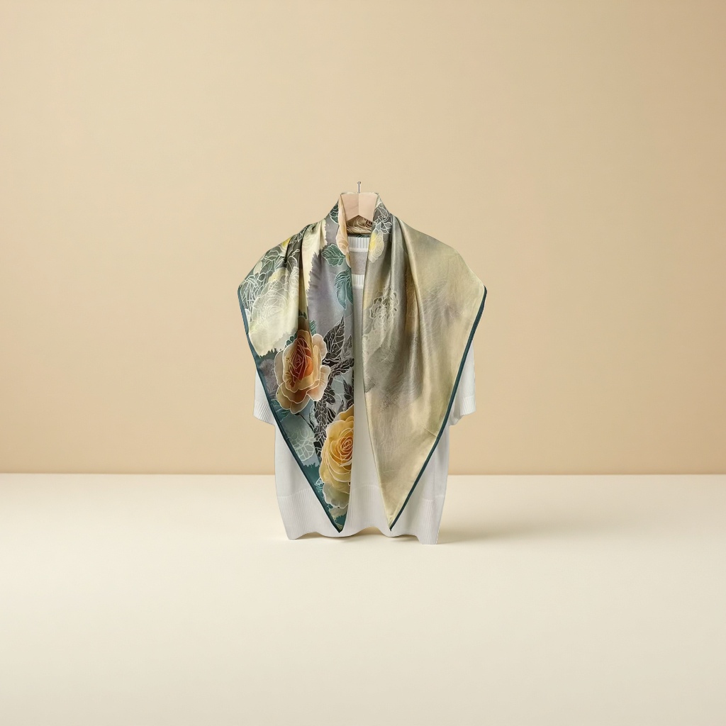 Floral pattern silk scarf for ladies, elegant printed rectangular shape, breathable for spring and summer