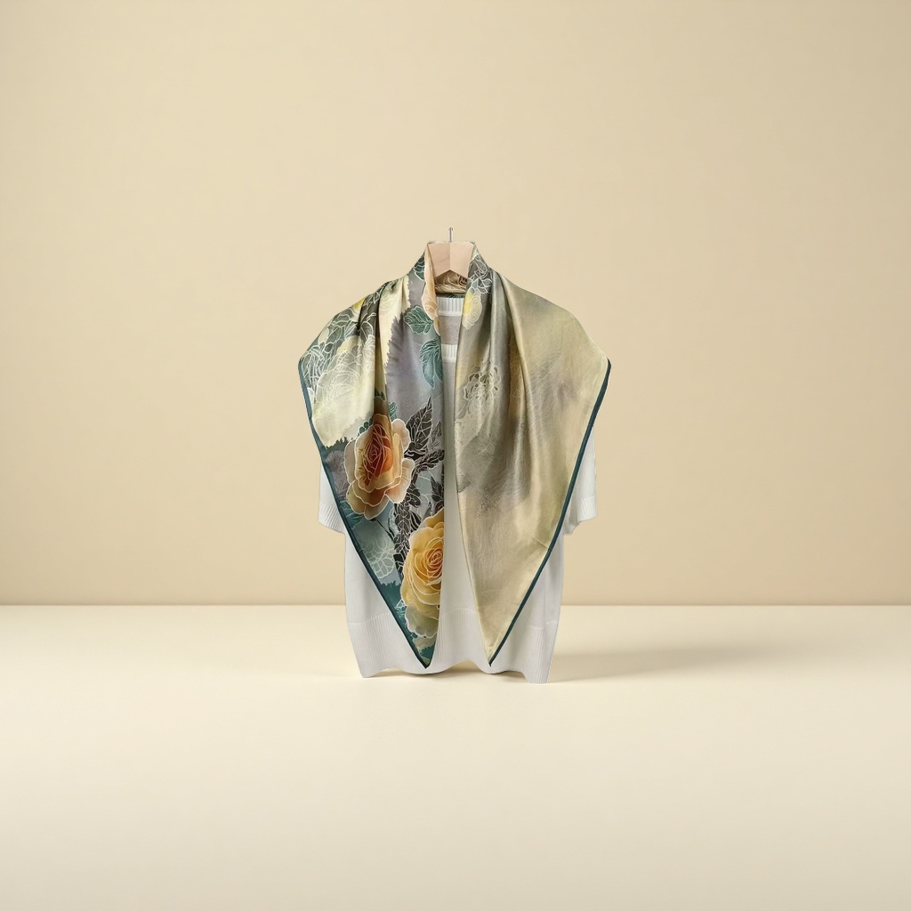 Floral pattern silk scarf for ladies, elegant printed rectangular shape, breathable for spring and summer Specification image
