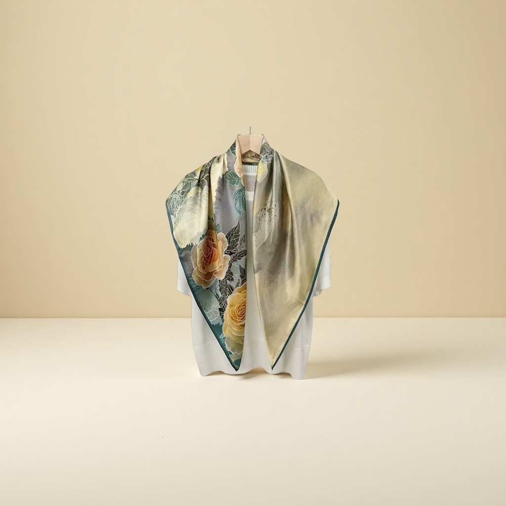 Floral pattern silk scarf for ladies, elegant printed rectangular shape, breathable for spring and summer Application Scenario