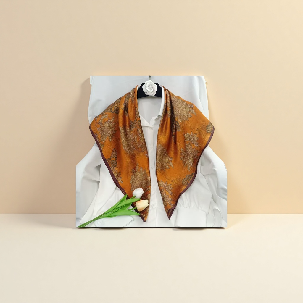 An orange floral pattern silk scarf is a fashionable and elegant silk scarf for women