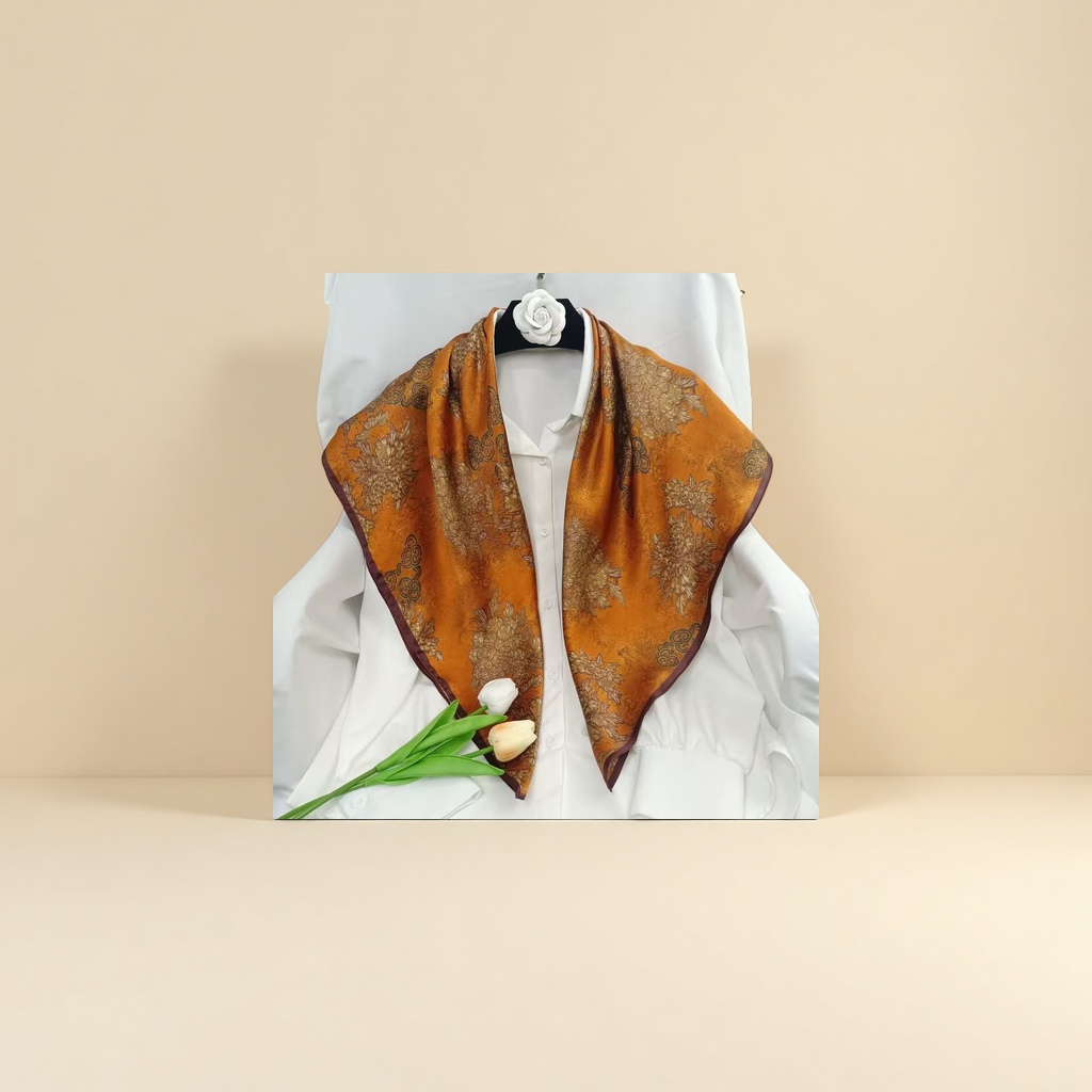 An orange floral pattern silk scarf is a fashionable and elegant silk scarf for women Specification image