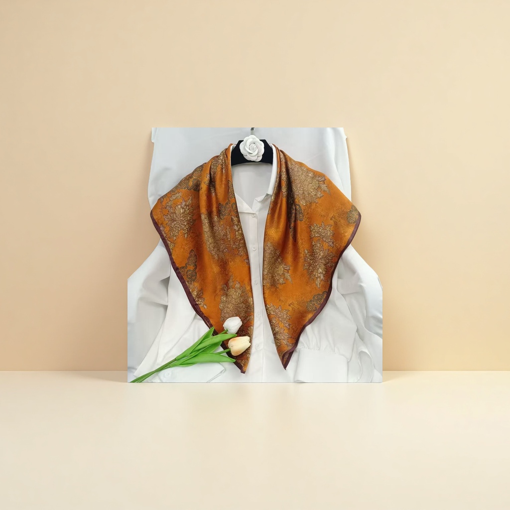 An orange floral pattern silk scarf is a fashionable and elegant silk scarf for women Application Scenario