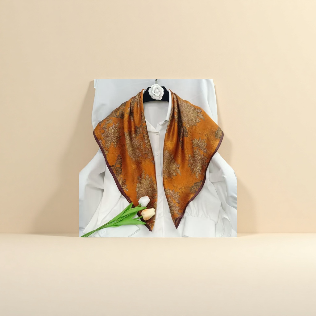 An orange floral pattern silk scarf is a fashionable and elegant silk scarf for women details Picture