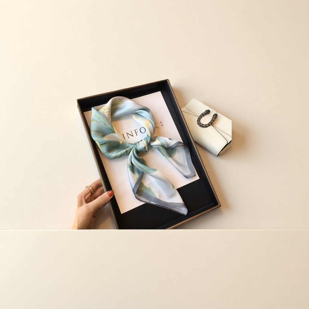 Women's silk square scarf with printed rectangular shape, light luxury gift Application Scenario