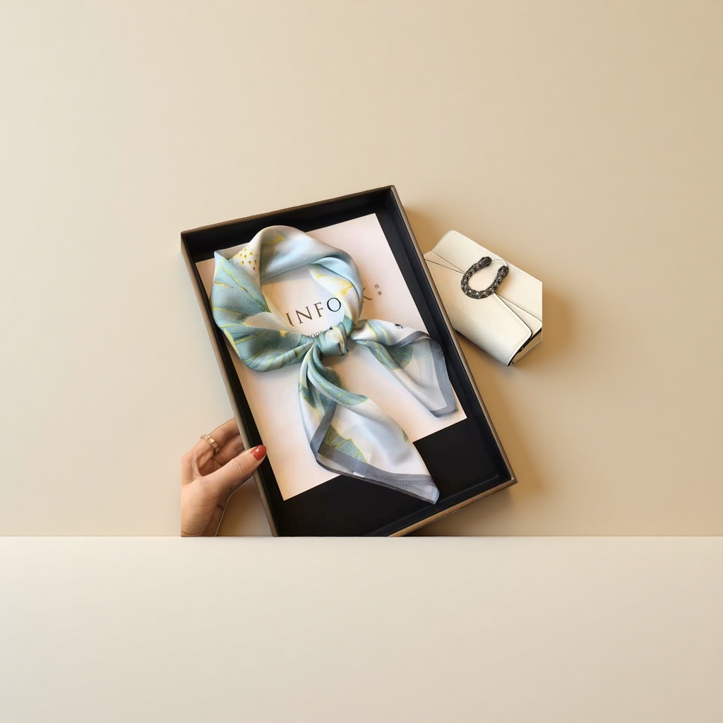 Women's silk square scarf with printed rectangular shape, light luxury gift details Picture