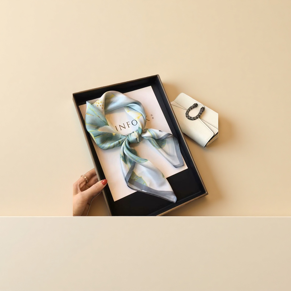 Women's silk square scarf with printed rectangular shape, light luxury gift Specification image