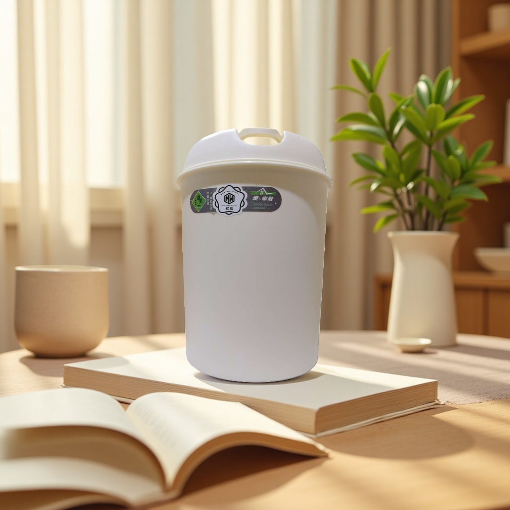 Beige plastic trash can, large-capacity household trash can with lid, household garbage basket Application Scenario