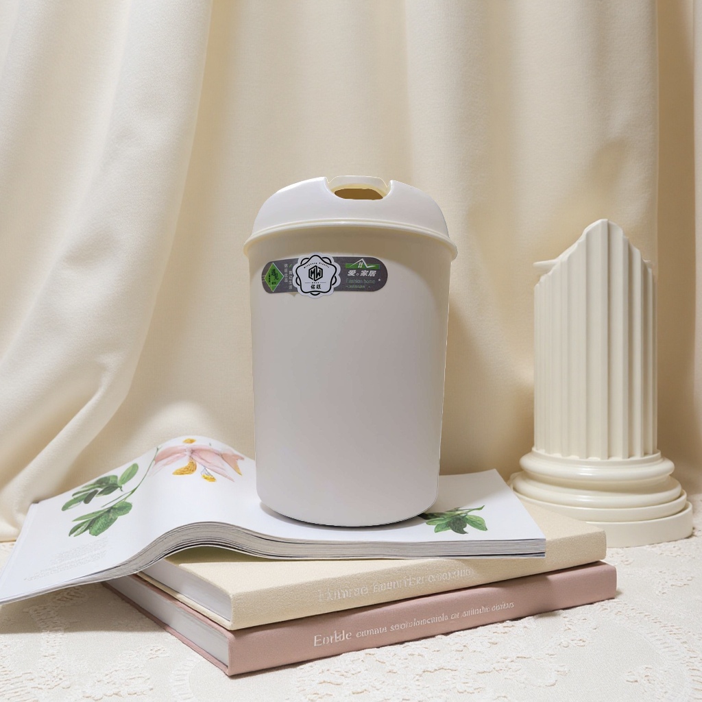 Beige plastic trash can, large-capacity household trash can with lid, household garbage basket Specification image
