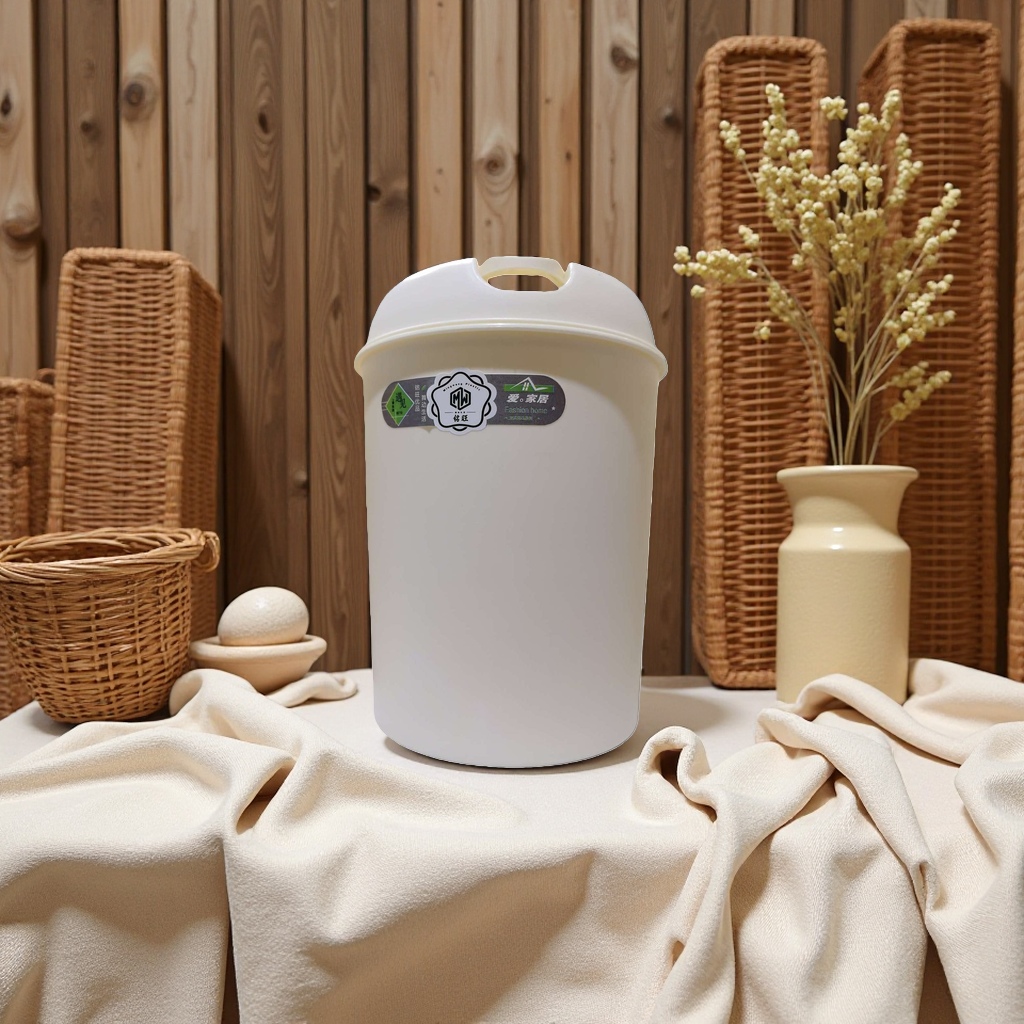 Beige plastic trash can, large-capacity household trash can with lid, household garbage basket details Picture