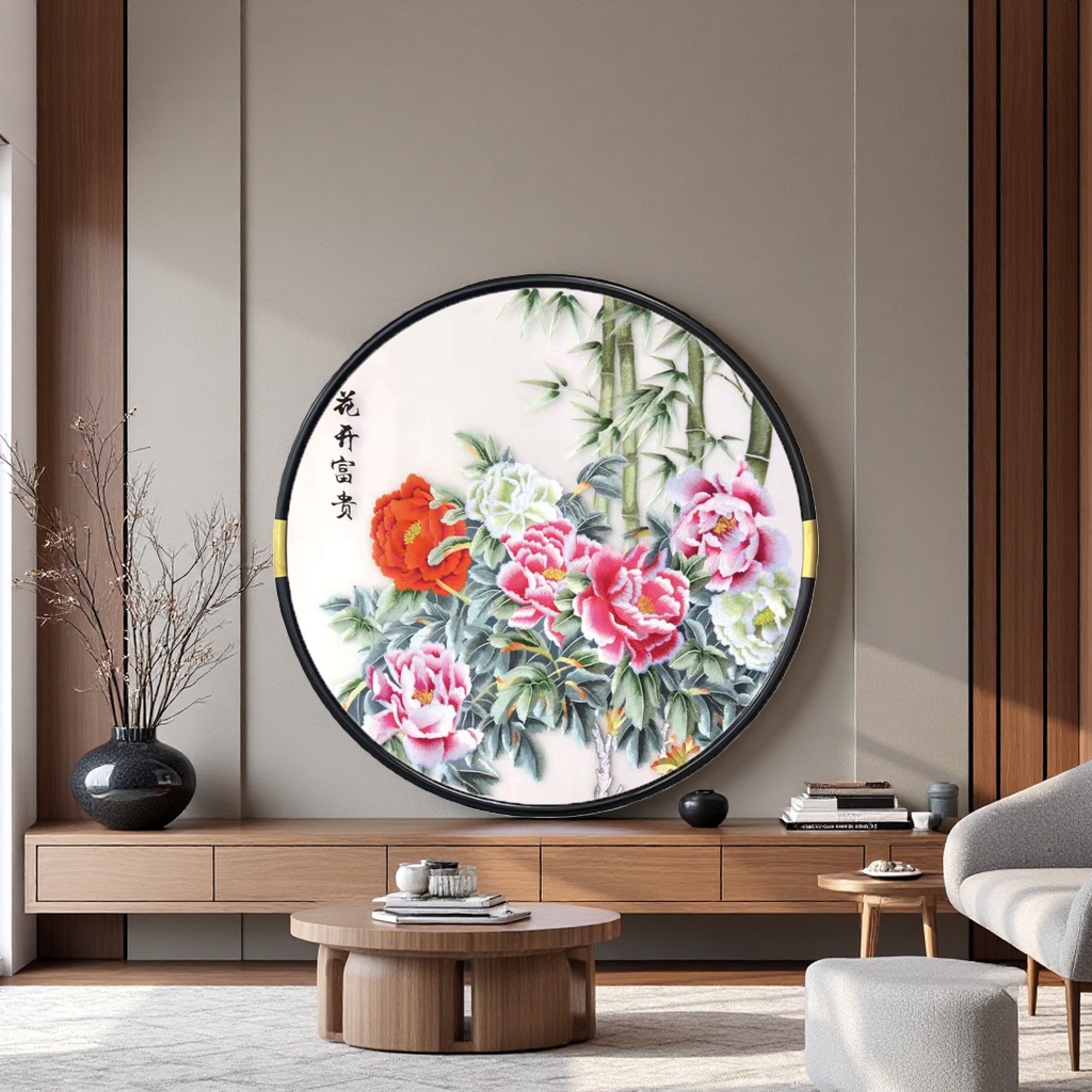 国潮花卉图案圆形装饰画客厅挂画简约艺术画家居装饰画