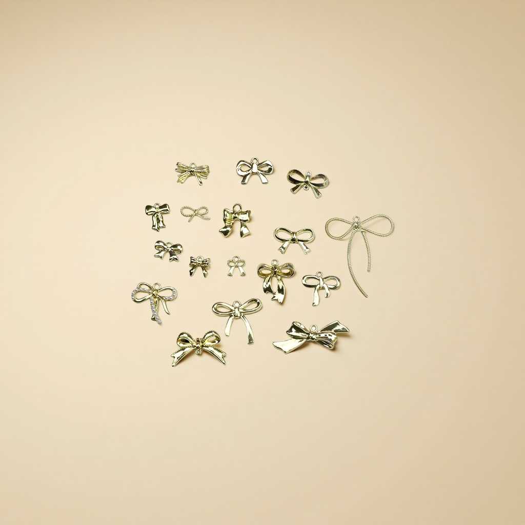 A collection of retro golden bow double and single through-hole pendants, DIY jewelry accessories, and handcrafted materials Application Scenario