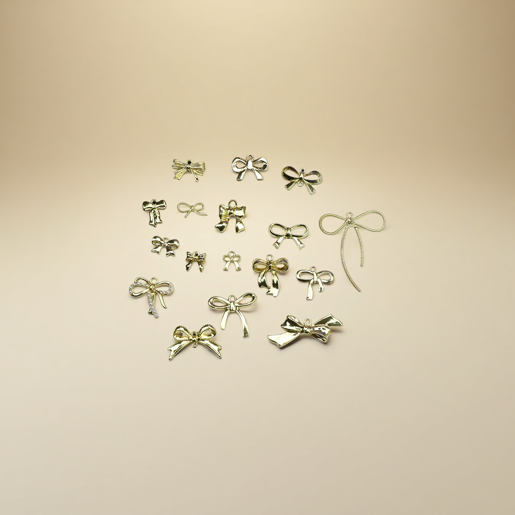 A collection of retro golden bow double and single through-hole pendants, DIY jewelry accessories, and handcrafted materials Specification image