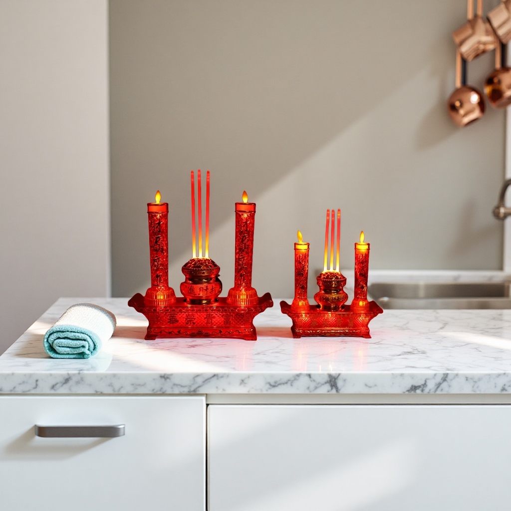 Red candlestick, candle and incense burner set for home decoration details Picture