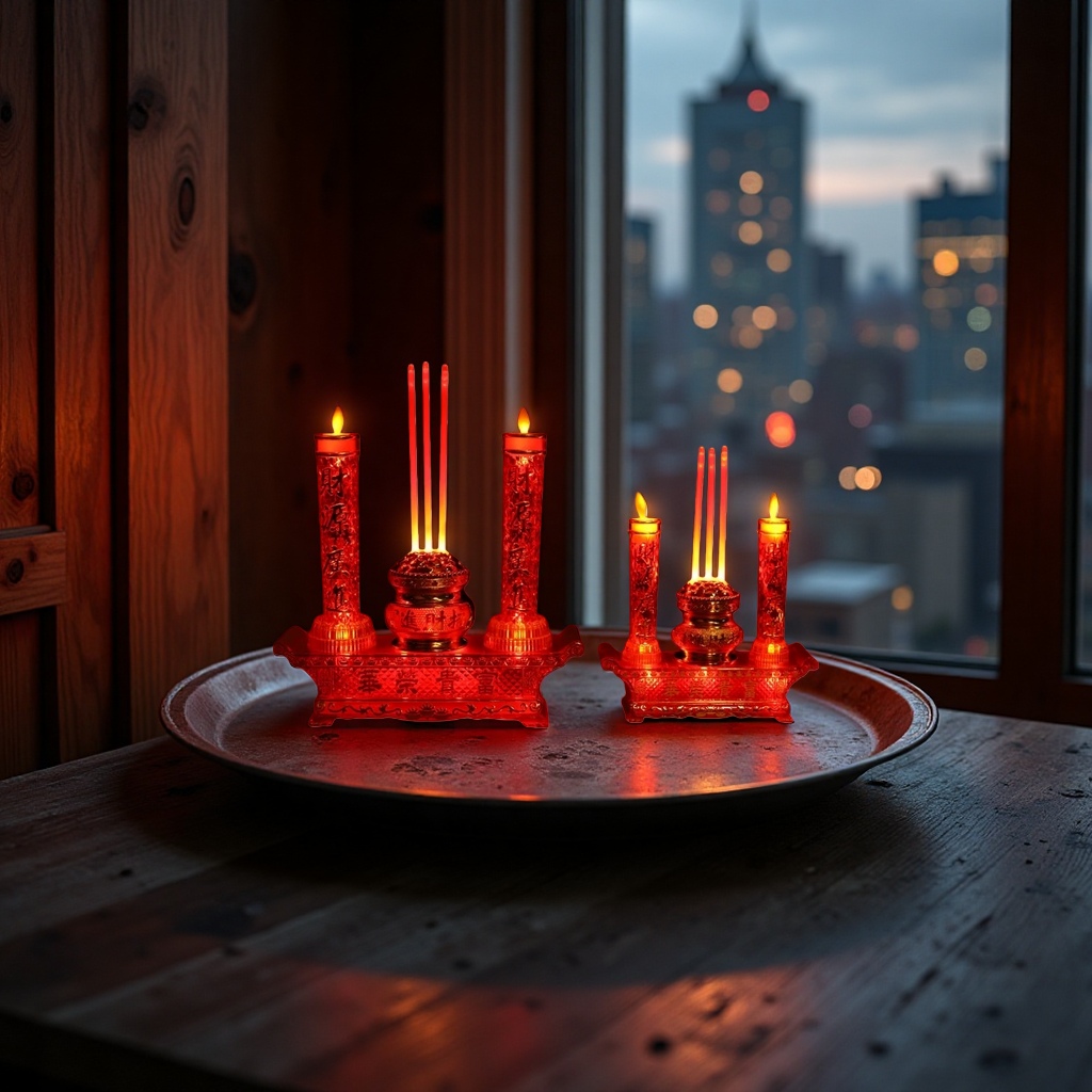 Red candlestick, candle and incense burner set for home decoration