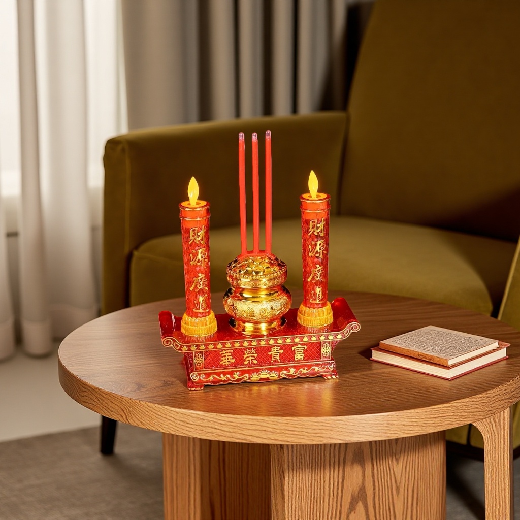 Red candlestick, candle and incense burner set for home decoration Specification image