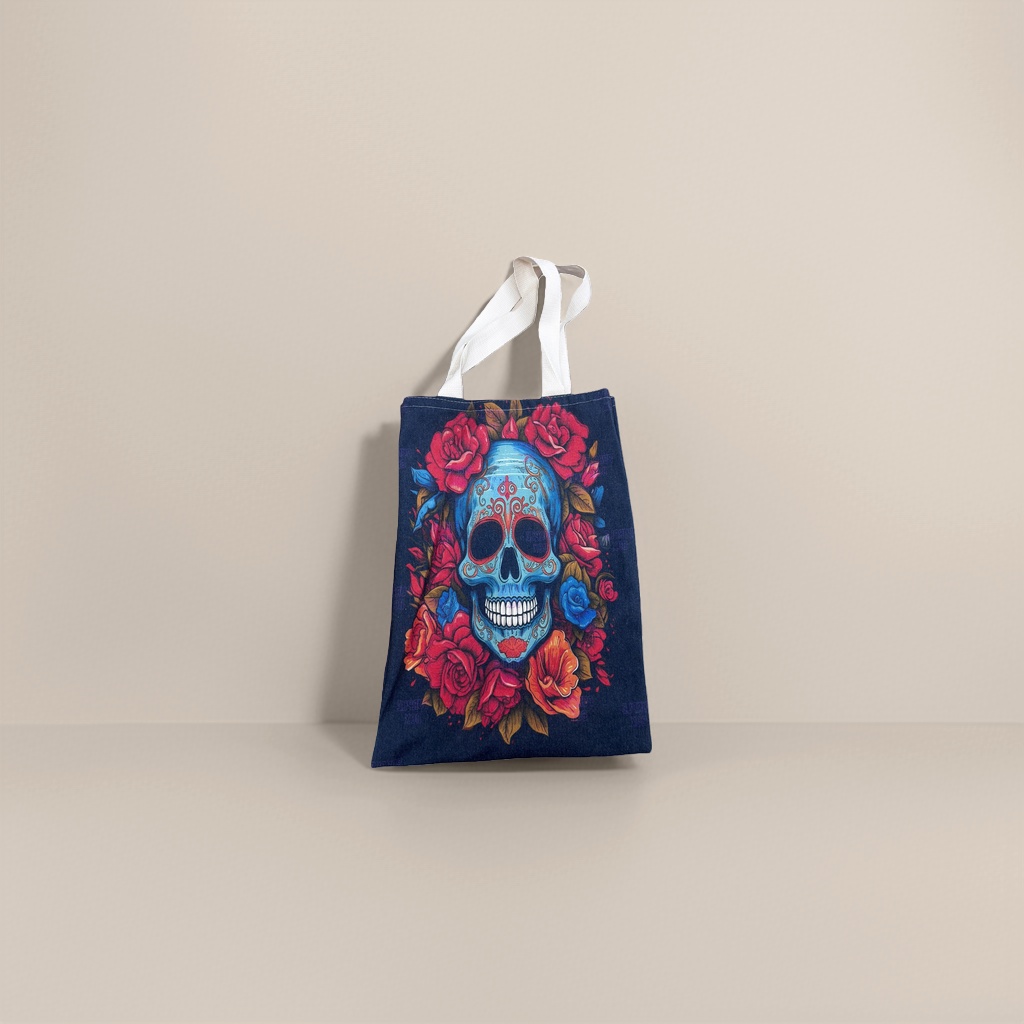 Colorful skull pattern canvas bag, daily storage shopping bag, large-capacity student schoolbag