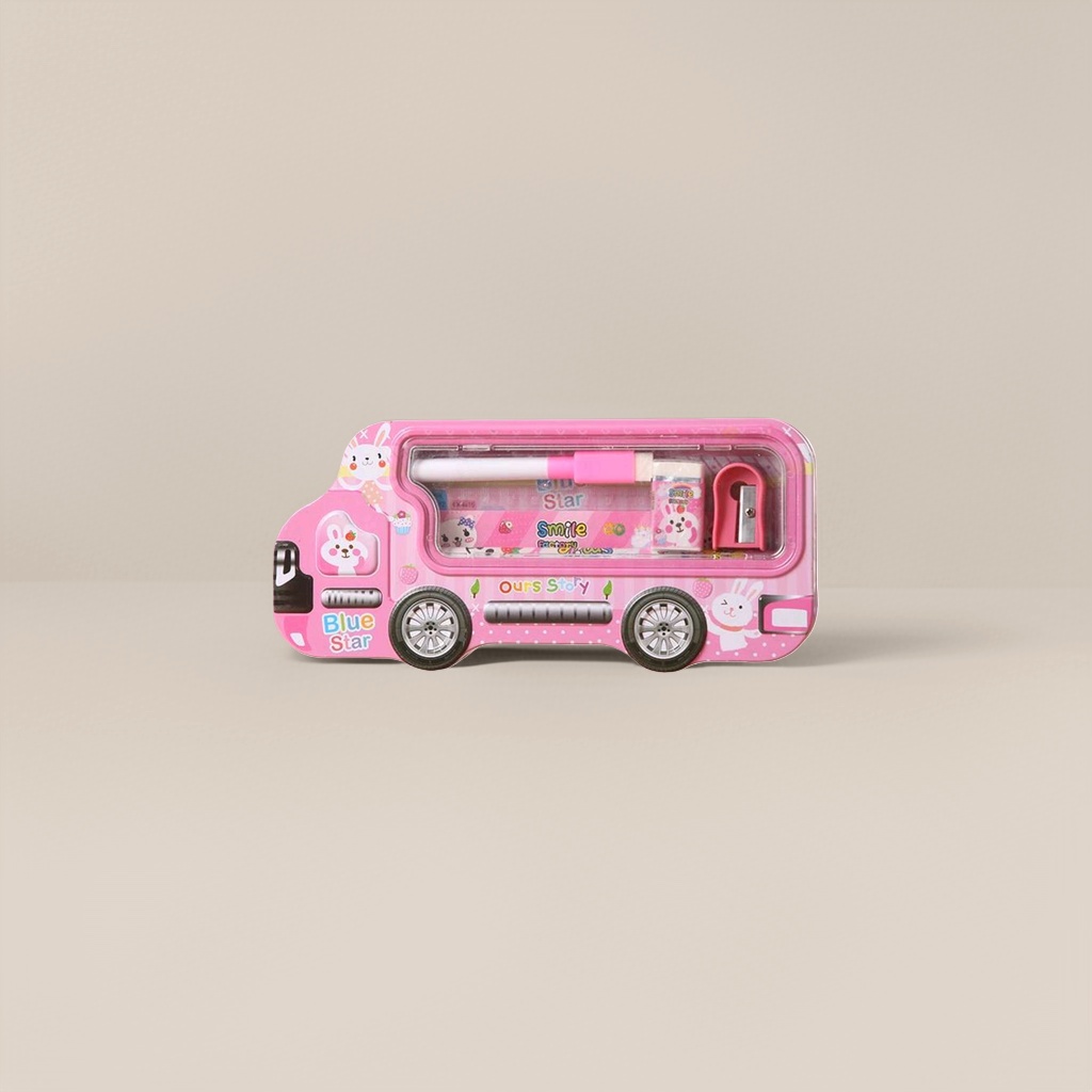 Pink bus-shaped stationery box, a cute schoolbag storage box for students details Picture