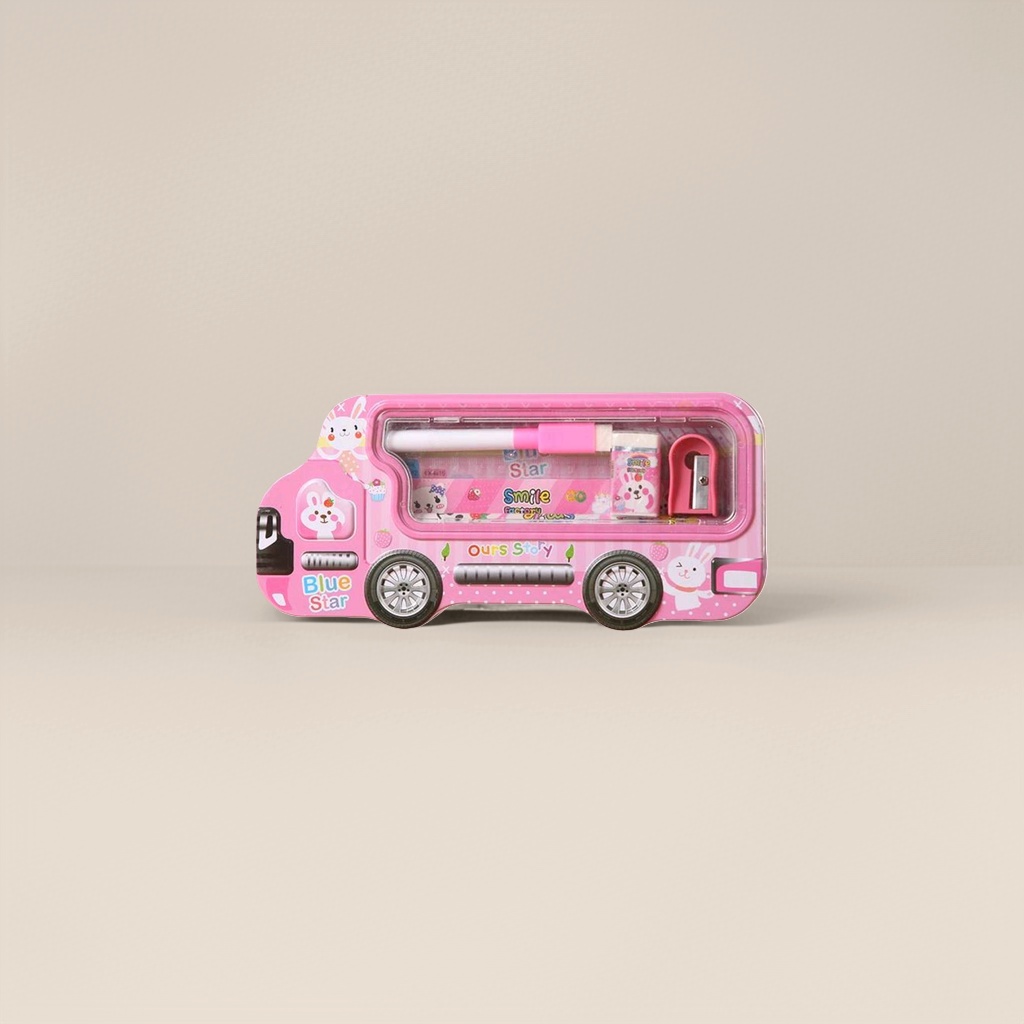 Pink bus-shaped stationery box, a cute schoolbag storage box for students