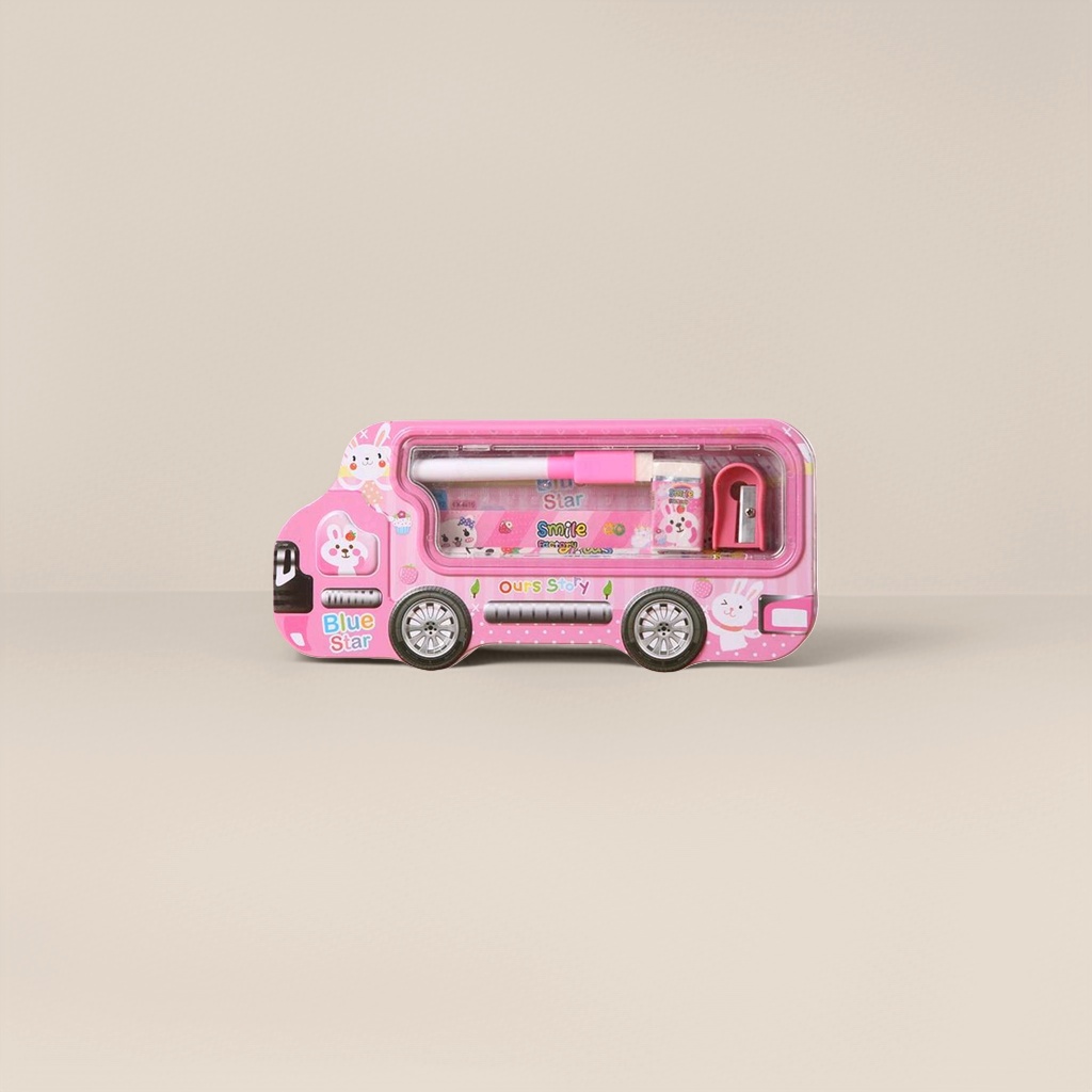 Pink bus-shaped stationery box, a cute schoolbag storage box for students Specification image