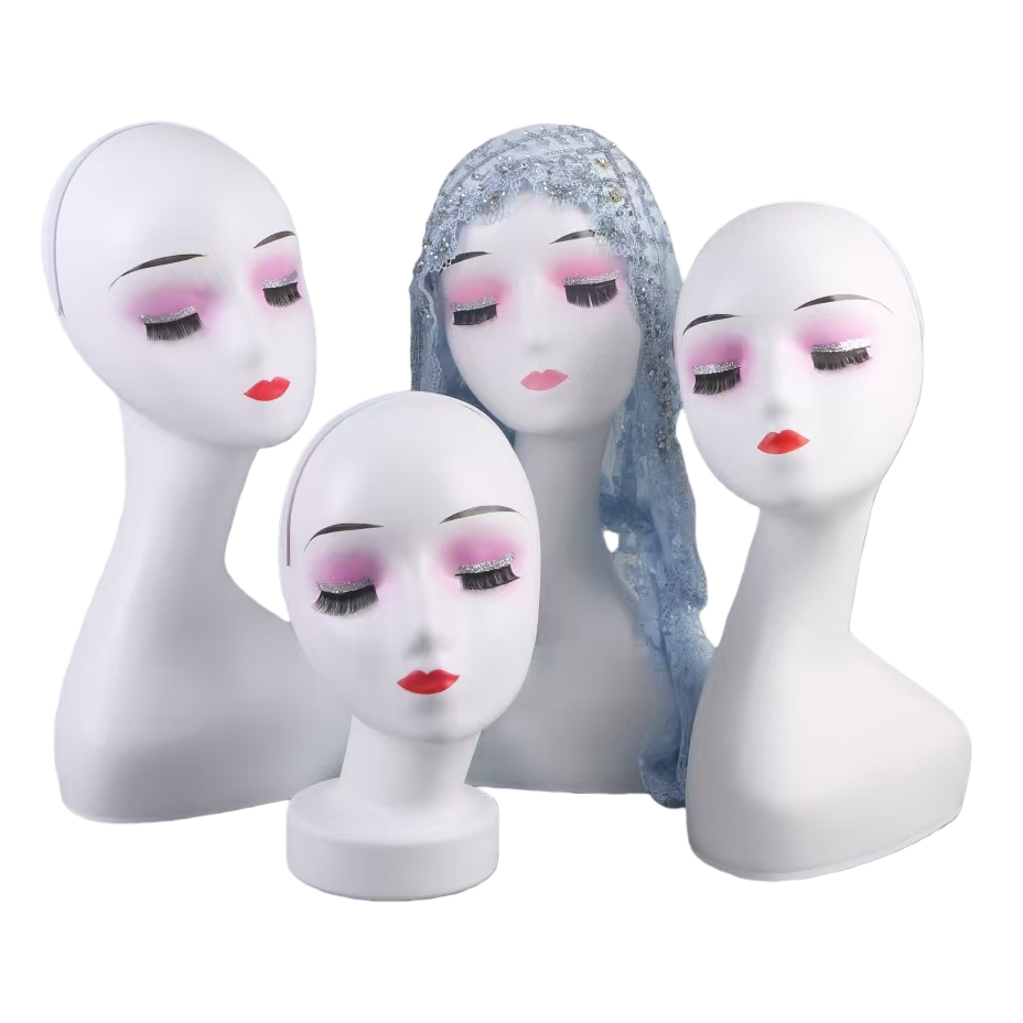 White human-shaped mannequin head, pink blush, red lips, blue lace veil Item Picture
