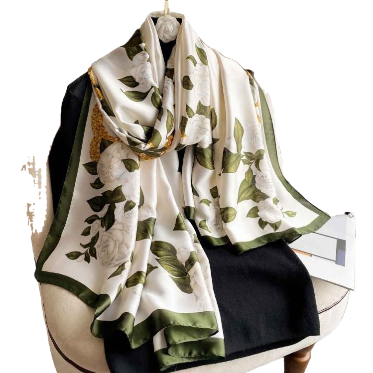 Floral pattern silk scarf for ladies, elegant printed rectangular shape, breathable for spring and summer Item Picture