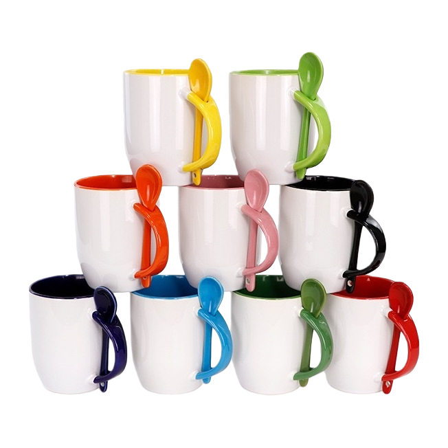 Heat transfer printing process color handle ceramic cup, household insulated cup, simple and fashionable cup with spoon Item Picture