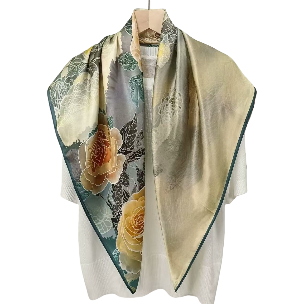 Floral pattern silk scarf for ladies, elegant printed rectangular shape, breathable for spring and summer Item Picture
