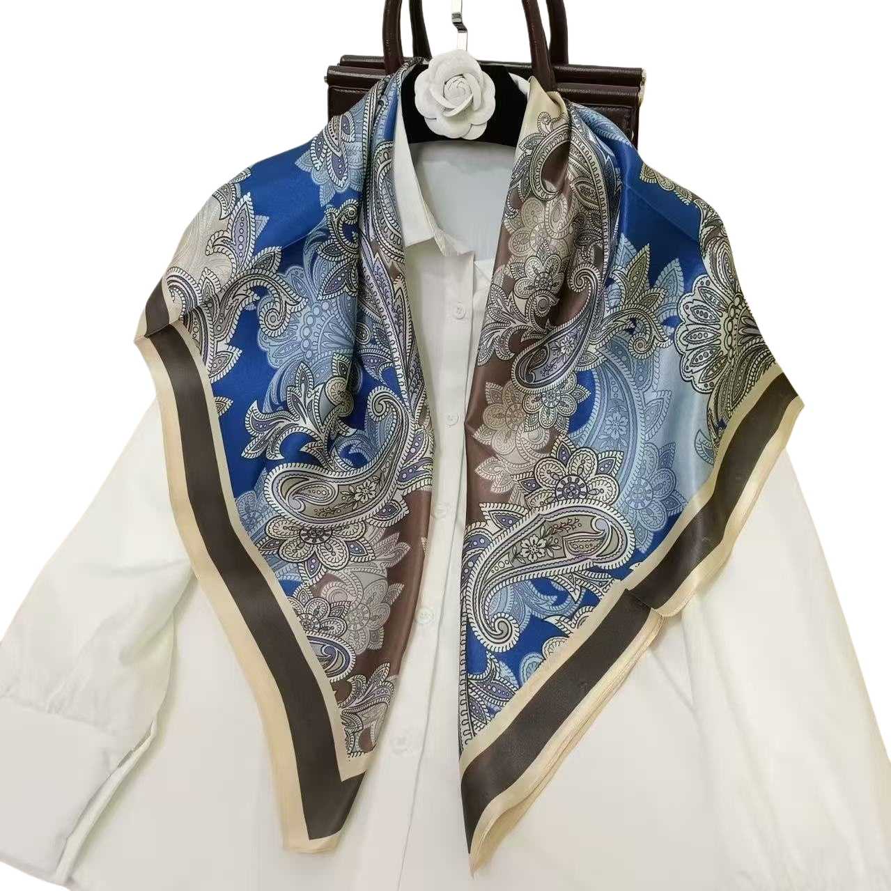 The silk scarf is a fashionable printed silk scarf for women, elegant and versatile for spring and summer Item Picture