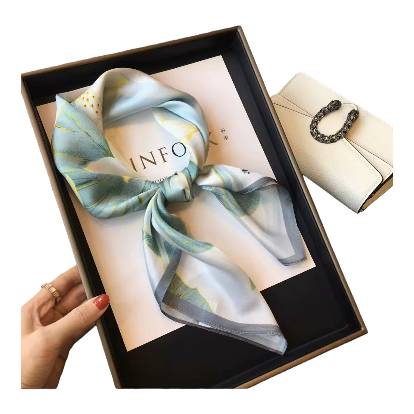 Women's silk square scarf with printed rectangular shape, light luxury gift Item Picture