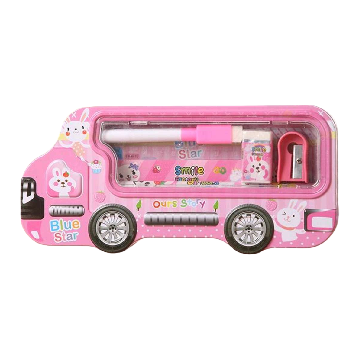 Pink bus-shaped stationery box, a cute schoolbag storage box for students Item Picture