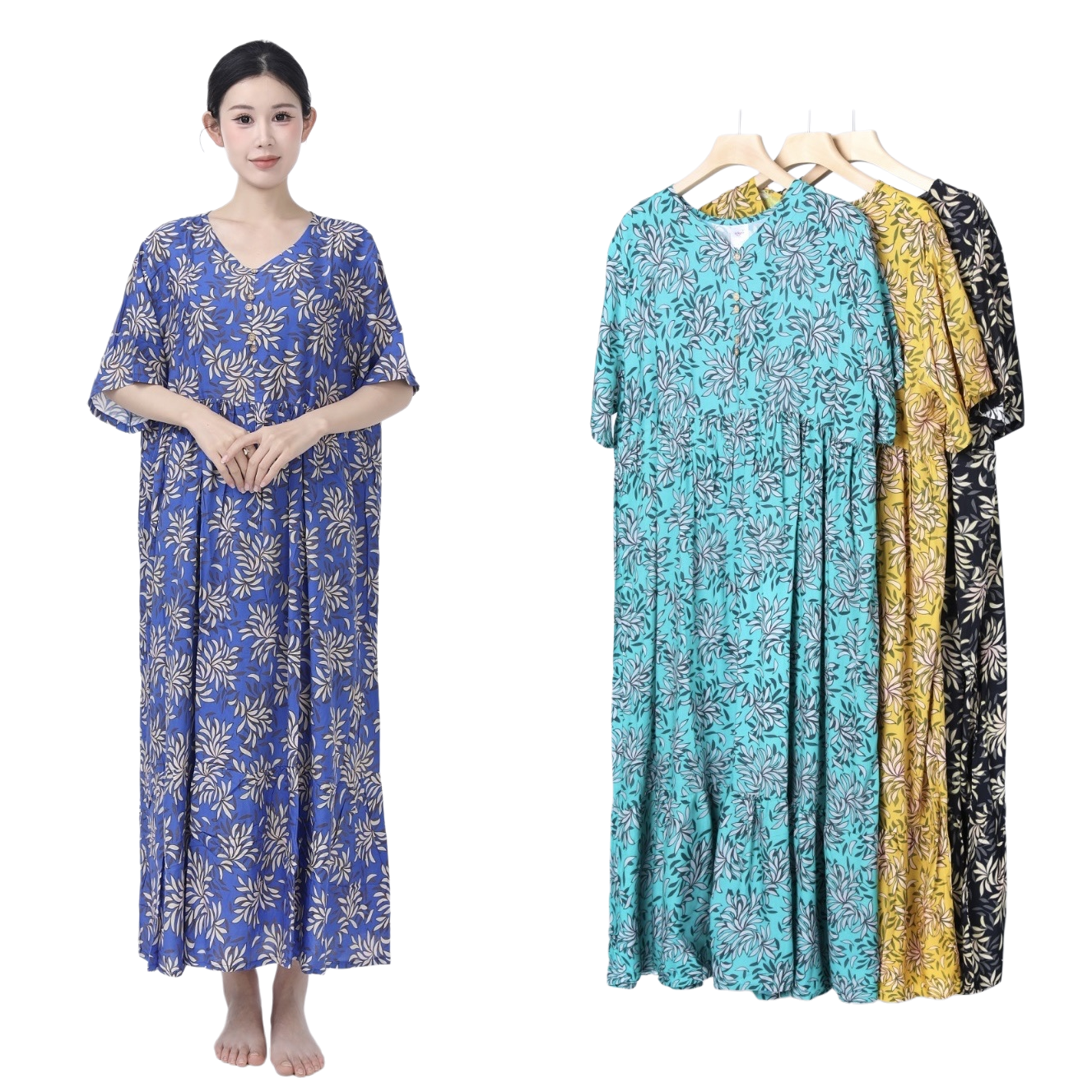 Printed long dress for women, summer floral loose, slimming and concealing long dress, artificial cotton home wear, silk for spring, summer and autumn