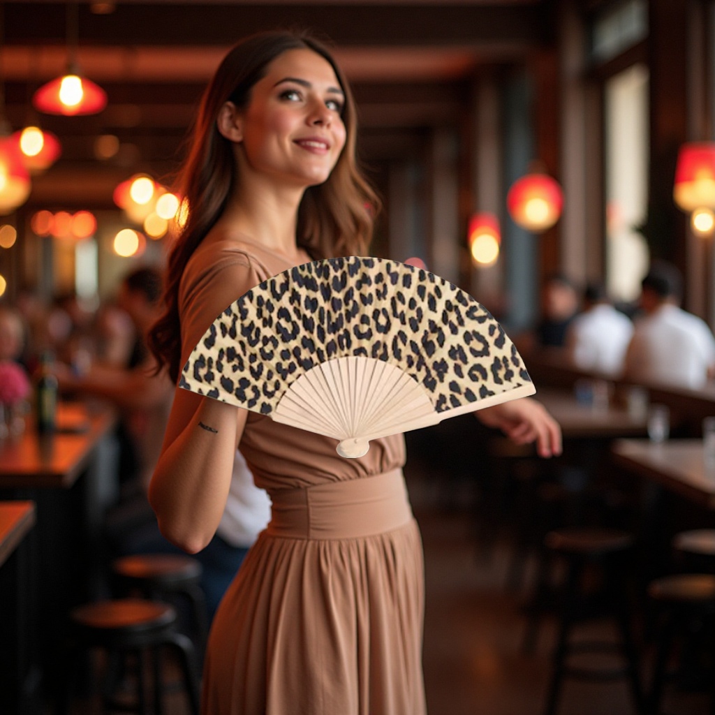 Leopard print pattern folding fan, women's retro court fan, portable storage fan details Picture