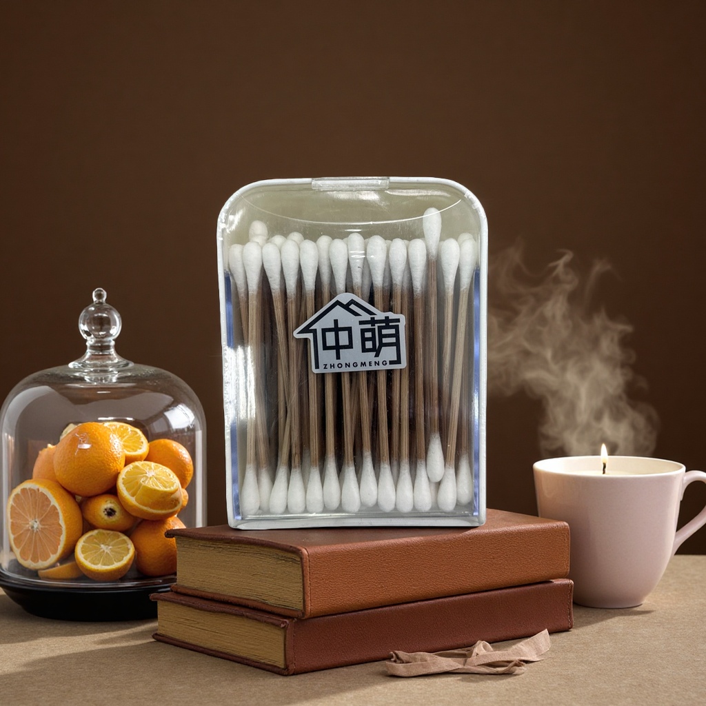 Cotton swab + transparent plastic box